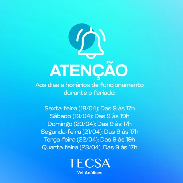 Atenção aos horários de funcionamento durante o feriado. Antecipe suas solicitações.

#tecsa #vetanálises #tecsarj #medicinadiagnósticaveterinária #medicinaveterinária #riodejaneiro #laboratórioveterinário