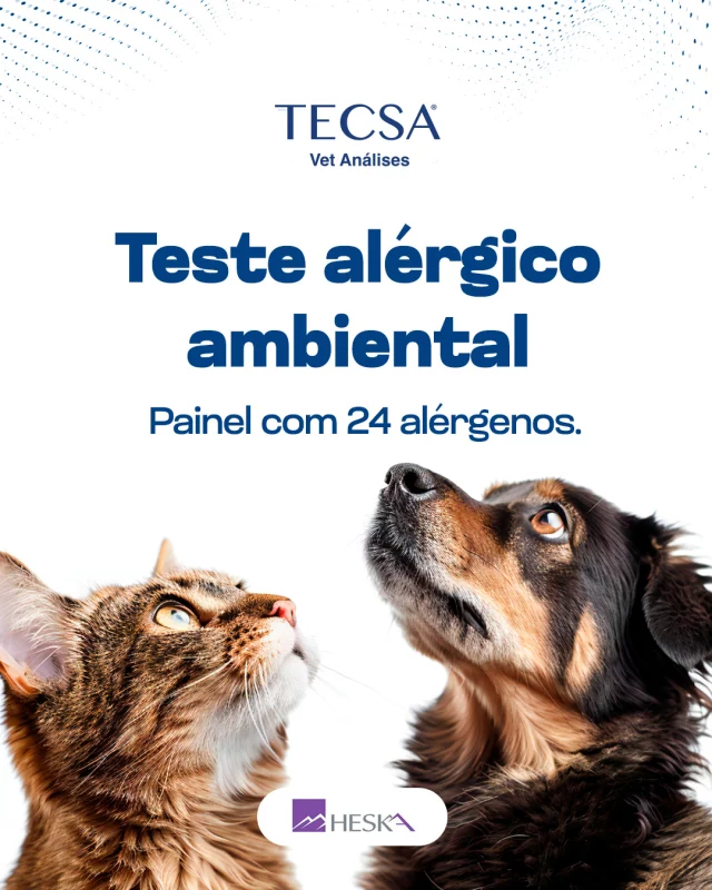 O Teste Alérgico Sorológico oferecido pelo TECSA, com o nosso parceiro HESKA é uma abordagem inovadora para identificação de diferentes reações alérgicas contra alérgenos ambientais. (Cód.911)

Ao contrário de muitos outros testes séricos de IgE que podem identificar erroneamente a sensibilidade alergica com base na detecção de IgGs alérgeno-específicos, o teste HESKA utiliza um exclusivo receptor de alta afinidade presente em mastócitos (conhecidos como receptores Fcε1Rα) o que assegura que resultados falso positivos da detecção do IgG não ocorram.

Teste alérgico também disponível em formato triagem (ácaros/fungos, gramíneas, arbustos e saliva de pulga).
Deslize a tela e confira a lista dos 24 alérgenos brasileiros presentes no teste alérgico TECSA-HESKA.

#tecsa #vetanálises #tecsarj #medicinadiagnósticaveterinária #medicinaveterinária #riodejaneiro #laboratórioveterinário