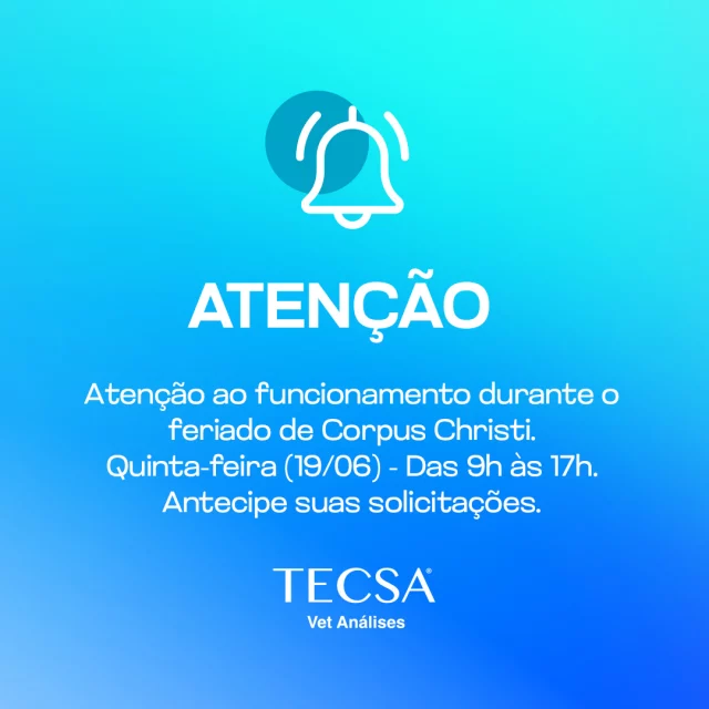 Atenção ao funcionamento durante o feriado de Corpus Christi!
#tecsa #vetanálises #tecsarj #medicinadiagnósticaveterinária #medicinaveterinária #riodejaneiro #laboratórioveterinário